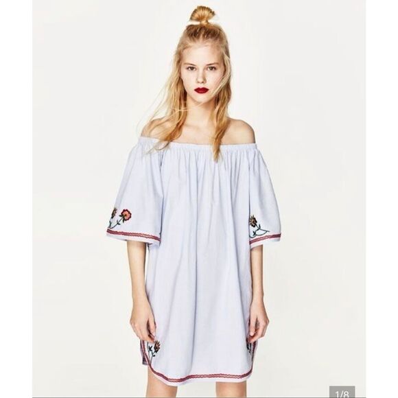 Zara Dresses & Skirts - Zara light blue embroidered trim off the shoulder mini summer dress size small